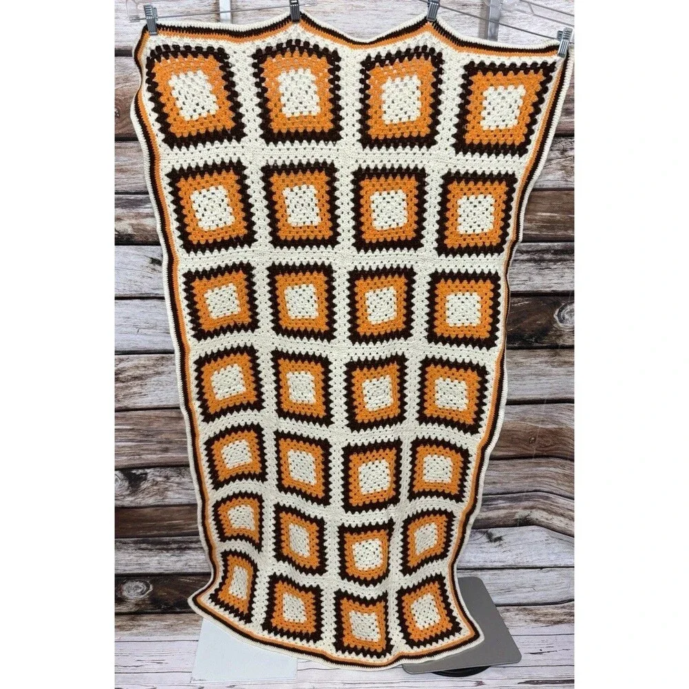 Granny Square Crocheted Afghan Blanket MCM Orange Cream Brown 31.5x57.5